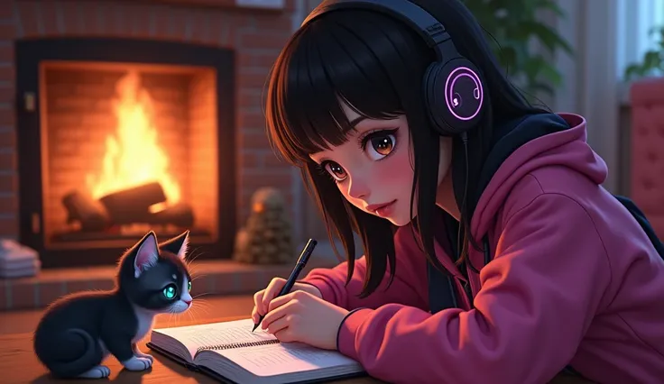 A beautiful young e-girl with princess-like eyes, wearing headphones and stylish clothing in pink and black, is writing in a notebook. The scene is set in a cozy room with a warm, crackling fireplace. A curious kitten with one eye of each color is sitting ...