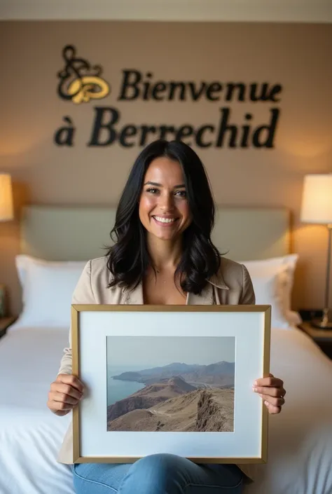 Une femme brune. Les cheveux raides, écartés ou assez écartés du cou, pas longs, de couleurs noirs. Une femme un peu volumineuse par sa forme physique. Assise dans une grande chambre dhôtel, sur un lit de lhôtel, souriante, la tête droite, le regard droit ...