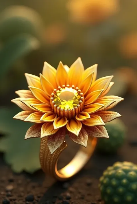 Beautiful 3D modeling rendering of a golden sunflower flower ring with a yellow gem