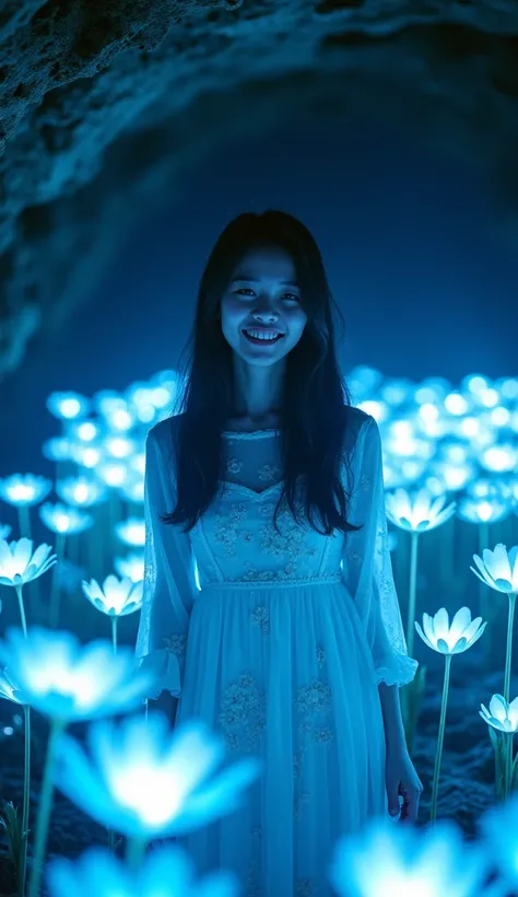 realistic photography, fantasy, a grin beautiful Japanese woman 25yo. Happy moment cute ,girl, in dark cave, wearing white Chiffon fabric flower dress flowing., ,creating glowing flowers , glowing blue light, dynamic color, there is flowers glowing light s...