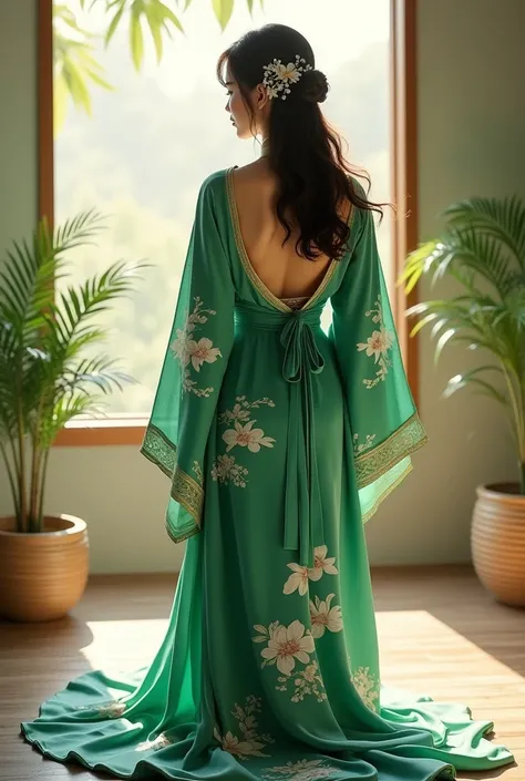 low-cut silk robe in a brilliant shade of jade green. The robe had gold trim and was embroidered with images of white clouds and orchids