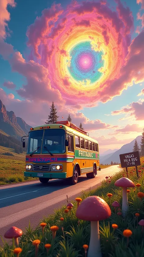 An ultra-realistic and highly detailed image of a tour bus with the name "FRITANIC" written in large, playful letters on the side and front of the vehicle. The bus features a psychedelic and cheerful paint job. The environment exudes positive energy. The b...