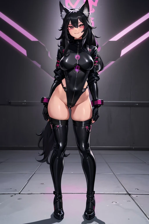 female, black long hair with magenta trim, silver eyes, wolf ears, wolf tail, (((1girl))), (((black full body skintight tactical bodysuit))), (black tactical belt), (black thigh high military boots), (black gloves), cute and sexy, full body, large breasts,...