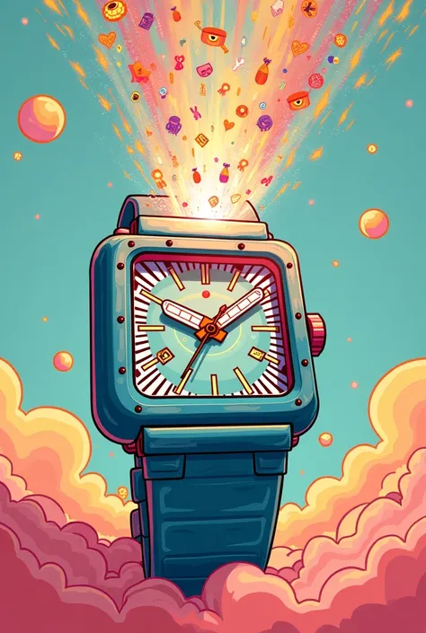 A watch that is square shape and theres a hologram popping out make it look like cartoon drawing