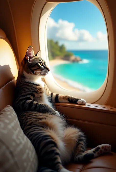 Un chat tigré foncé à poils courts, avec le torse et les deux pattes avant de couleur blanche. Dans un avion en première classe de retour de ses vacances dans une île paradisiaque avec eau turquoise et sable doré 