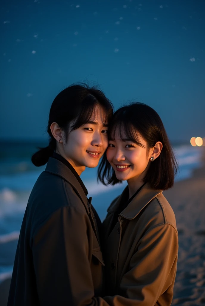 A stunning photograph of korean man had a shoulder length hair and tied up with bangs, he is hugging with woman. Warm beach setup wonderful night. they both seeing to camera, shoted dimmed light with 150mm lens, perfect ratio photo