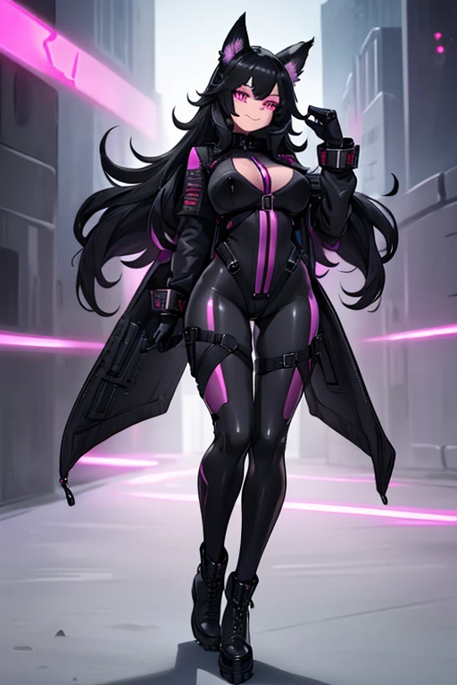 female, black long hair with magenta trim, silver eyes, wolf ears, wolf tail, (((1girl))), (((black full body skintight tactical bodysuit))), (black tactical belt), (black military boots), (black gloves), cute and sexy, full body, large breasts, long legs,...