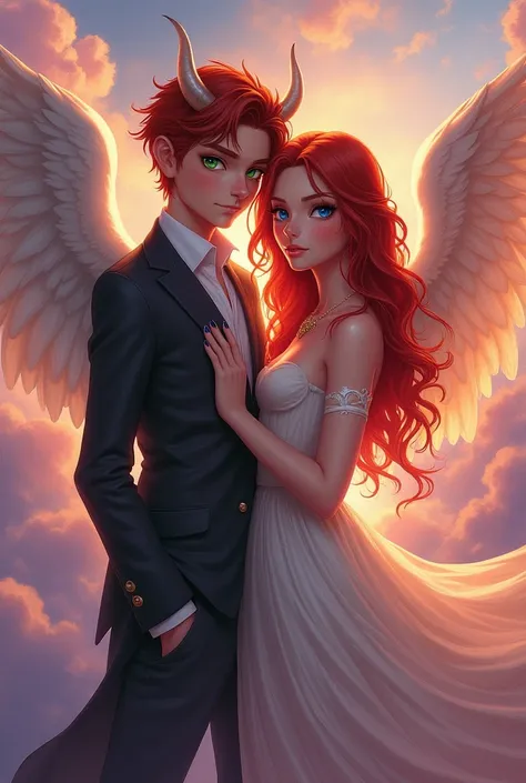 A red-haired angel with blue eyes and a handsome red-haired demon with green eyes, and they are siblings.