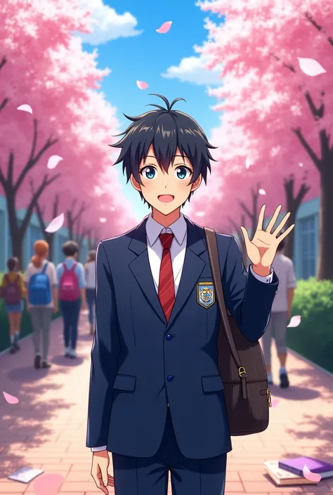 アニメ,Laki laki, wearing high school uniform, saying hello 