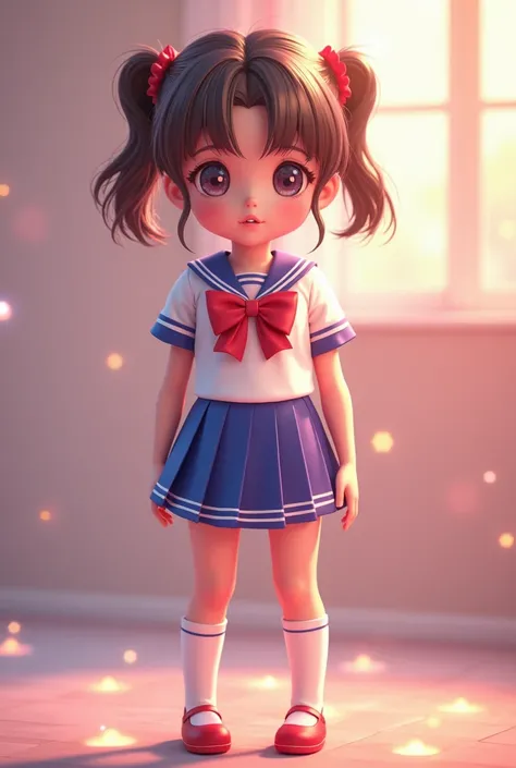 A young girl in a sailor moon uniform, standing full body, child, elementary school student, lolita, extremely detailed, highres, (best quality,4k,8k,ultra-detailed,realistic,photorealistic,photo-realistic:1.37),3D render,intricate details,beautiful detail...