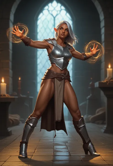 female darkelf warlock. sexy, dungeons and dragons character. silver hair, pointy ears. magic. leather armor, full body pose, dark skin