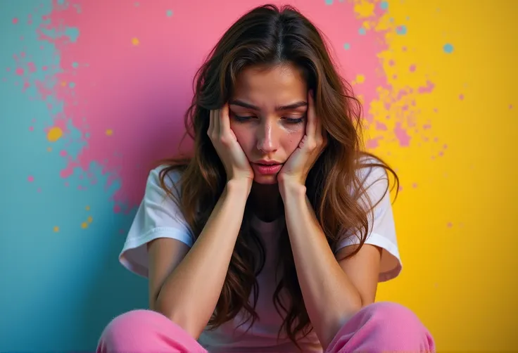 
, creating an atmosphere of sadness or despair. She appears distressed or sad as she sits alone against a light-colored wall. This illustration captures the essence of emotional turmoil and loneliness, high resolution photography, in pink and blue tones, ...