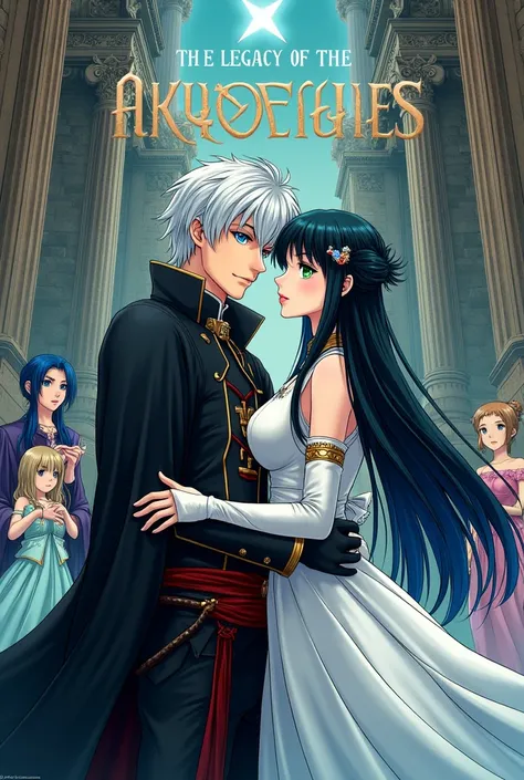 An Assassin falls in love with a princess in the manga. The Assassin has short white hair with green eyes. The suit is black and the princess has black and blue hair with bangs and light blue eyes with a castle background with letters that say the legacy o...