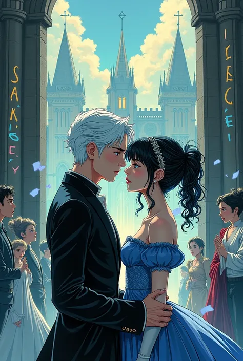 An Assassin falls in love with a princess in the manga. The Assassin has short white hair with green eyes. The suit is black and the princess has black and blue hair with bangs and light blue eyes with a castle background with letters that say the legacy o...