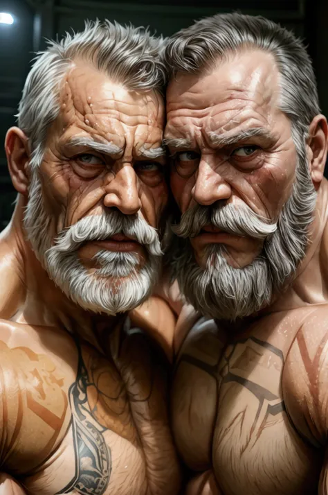 Hyperrealistic image of two Victorian boxers with badly injured faces hugging a bare-chested man A very old and very sweaty superhero with very grey hairy ,A very muscular 80-year-old bodybuilder and a 50-year-old fat guy weighing over 200 kilos with a big...