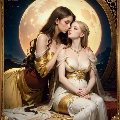 (masterpiece, highest quality, official art, beauty and aesthetic:1.5), oil painting by Leonardo da Vinci and Alfons Maria Mucha, (perfect anatomy), two gorgeous and stunning pale-skinned young pregnant goddesses is deeply in love with each other, kiss, fa...