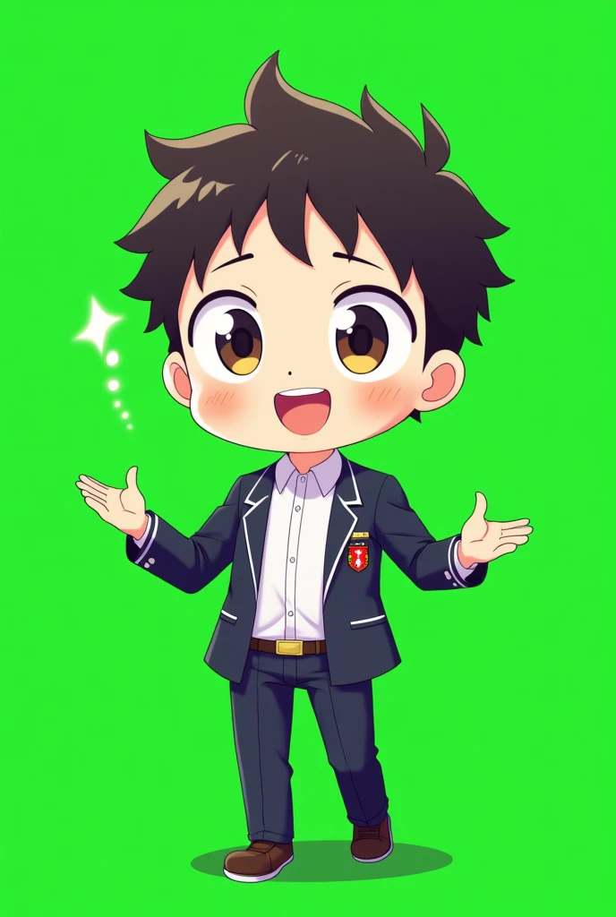 anime,Man, chibi,wearing a high school uniform, is asking how you are doing ,green screen behind