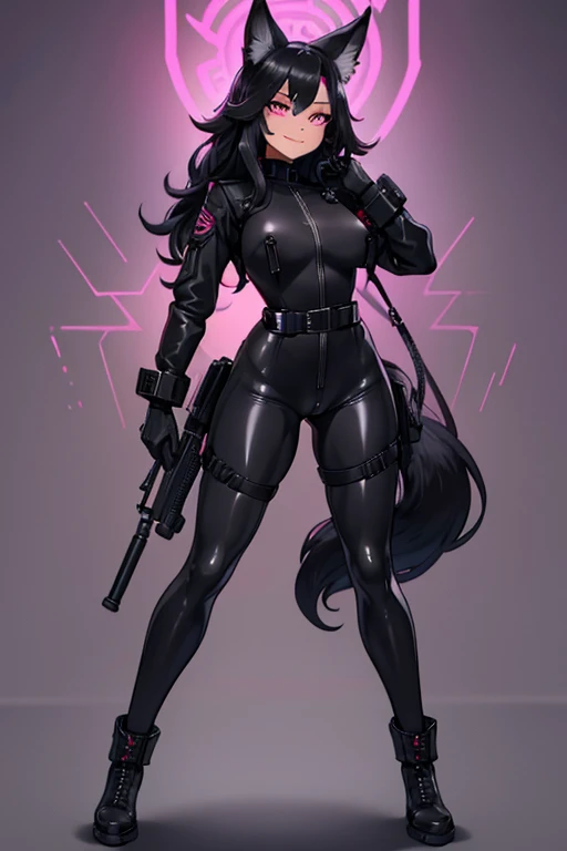 female, black long hair with magenta trim, silver eyes, wolf ears, wolf tail, (((1girl))), (((black full body skintight tactical bodysuit))), (black tactical belt), (black military boots), (black gloves), cute and sexy, full body, large breasts, long legs,...