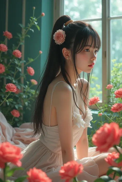 {{{{{3,318 trillion pixels high resolution, nsfw, Realistic scenery and lovely Japanese girl who is moaning madly as her nudity sexual masturbation that traces her sexual zone repeatedly with her fingers in a Cylindrical floral aquarium herbarium, thicken ...