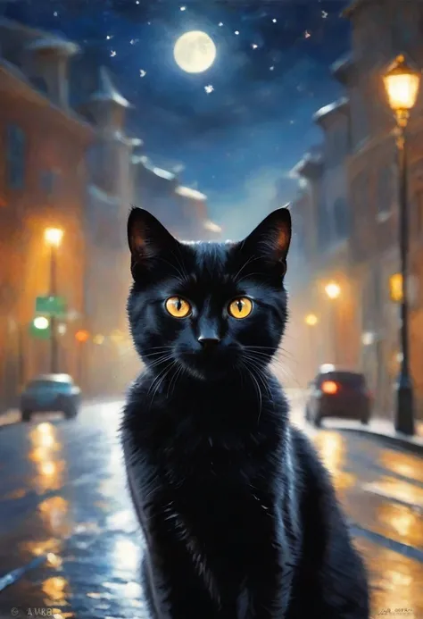 (black cat,cat,One animal),His eyes are shining,road,night,Looking at this,