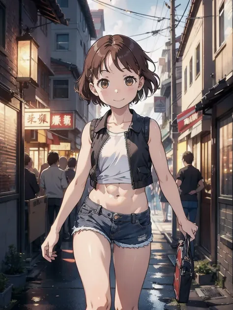 ((Center of chest, Tomboy, Small Head)), Dawn, sunlight, (Defined Abs: 1.1), (Perfect body: 1.1), (Short Wavy Hair: 1.2), Auburn Hair, Full body photo, Crowded street, Wearing a white vest, ((Shorts)), (Very detailed CG 8k 壁紙), (Very delicate and beautiful...