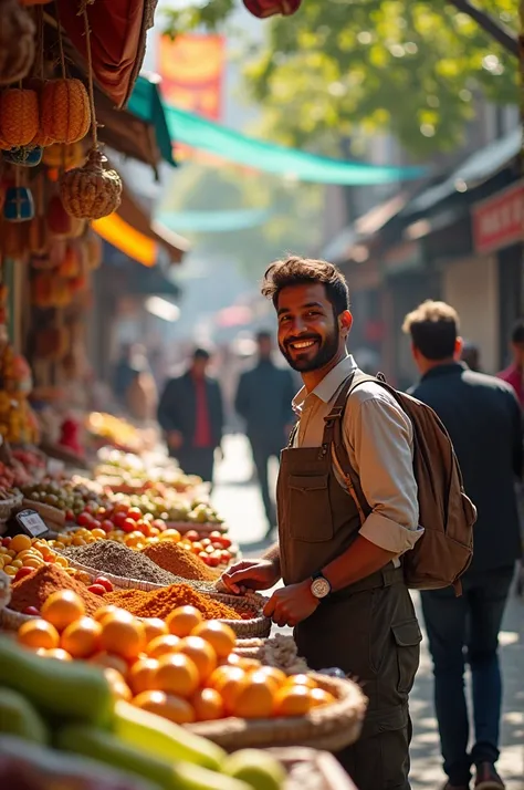 A street vendor cheerfully offers his wares