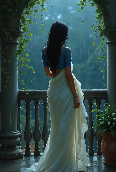 
**"Create a illutrastive painting of a serene scene where a woman stands on a balcony in the rain. She is dressed in a traditional white saree with a blue blouse, and her long black hair is wet from the rain. The balcony has ornate wrought-iron railings, ...