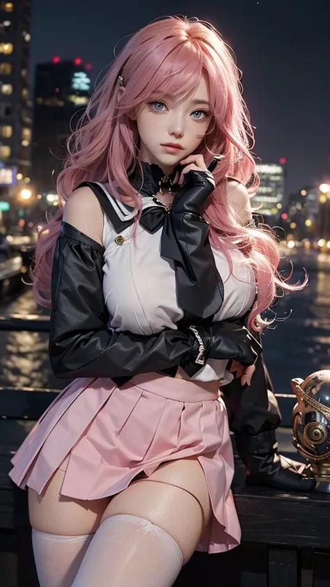 masterpiece, best quality, night, full_moon, city View, realistic, photo, real, huge_File size, wallpaper, Album, girl, Long hair, Pink Hair, Messy hair, curls, Beautiful and delicate eyes, A faint smile, blue eyes, Medium breasts, Sailor Suit, a, mini ski...