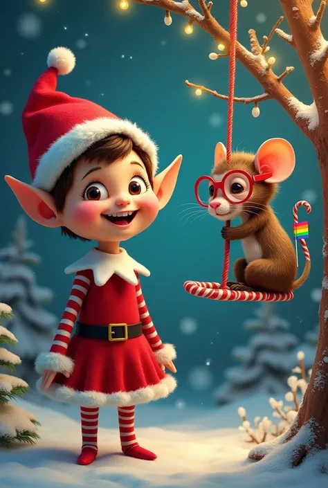 a Santa hat wearing elf, a monkey wearing glasses and a LGBTQ+ rat