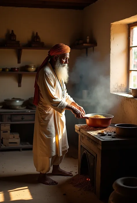 Pundit ji living in a simple room, cooking his own meal"

