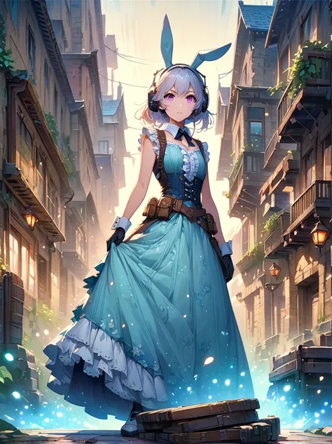 (((No arm frills)))Anime bunny-eared girl in long pale blue dress standing in plain background, Victorian dress, Long dress, White hair, Pink eyes, artwork in the style of guweiz, guweiz on pixiv artstation, guweiz on artstation pixiv, guweiz, 18-year-old ...