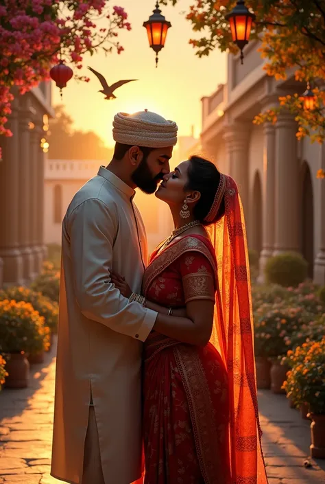 Hindu Brahmin women  kissing her Muslim husband in islamic cultural cap 