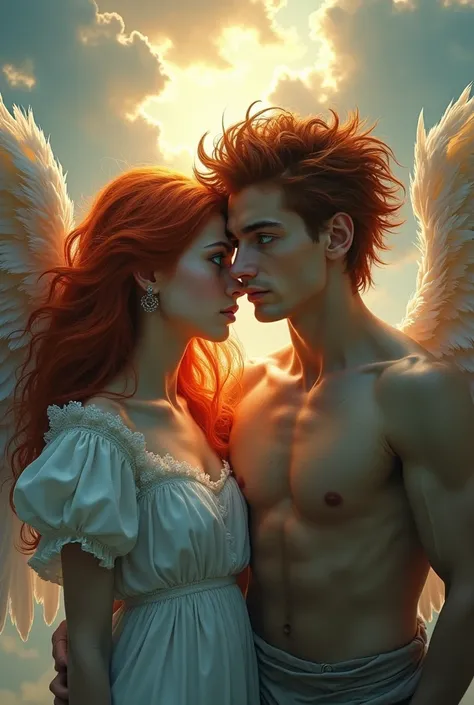 A red-haired angel with blue eyes and a handsome red-haired demon with green eyes, and they are siblings.