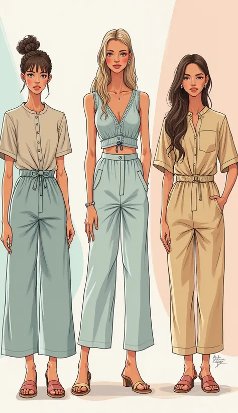 Create  portfolio sketches for casual wear collection 5 ensembles .US based fashion buyer. For fashion Designers professional portfolio. According to trend and colour of season 2025 summer spring. Sustainable organic fabric cotton viscose hemp collection.