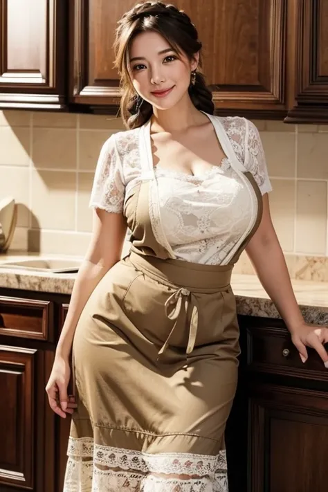 Highest quality, masterpiece, milf,Mother，Large Breasts, Plump thighs，Lace Apron，Long skirt，Flip up your skirt，smile, kitchen，Brown Hair, French style braid, Lace pants