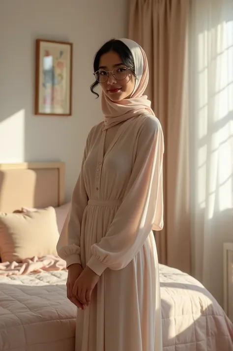  a beautiful young woman hijab, (((super big breast))), (very big breast covered) perfect face, (((very huge big breast,))), ((( Big Breast))) long dress muslim, (((covering mouth, long veil))), Slim Face、20 years old, stil young, Pretty Lady,  smile eyes,...