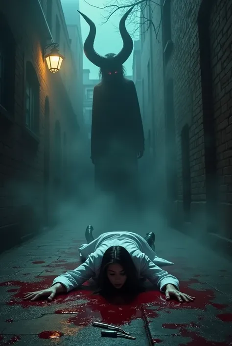 See a picture: A devils shadow is visible over a doctor girl lying on the ground soaked in blood. And shes scared her eyes are closed
