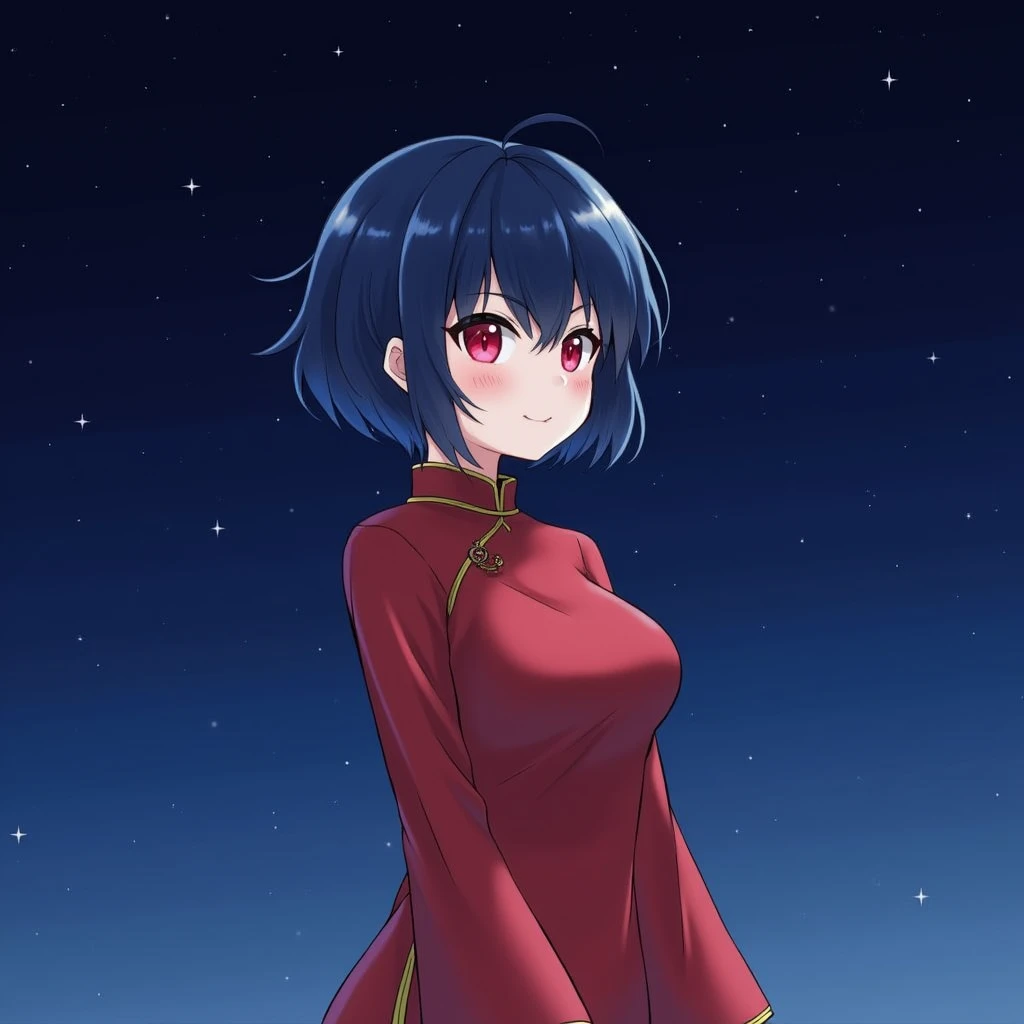 A single person, hairstyle very short, hair color navy blue, eye color red, wearing a Chinese dress, illustration, night, starry sky, mischievous