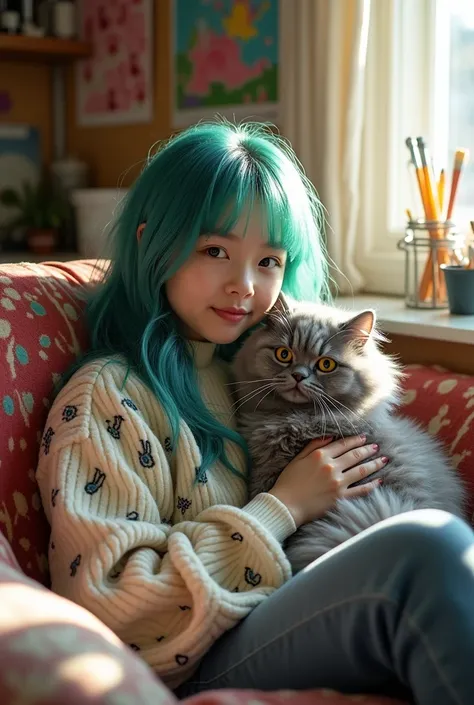 Fluffy gray Persian cat with its teenage owner 