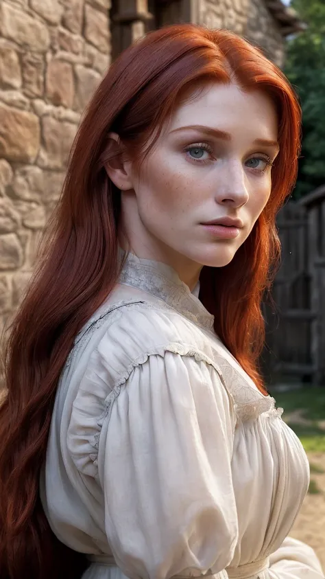 hyper photorealistic, ethereal beauty a cute peasant woman, face identical to Bryce Dallas Howard, small European village, (42 years), youthful, soft contoured, sweet sweet soft gentle smile, (detailed face and eyeull body portrait,  (extremely sexy), Mast...