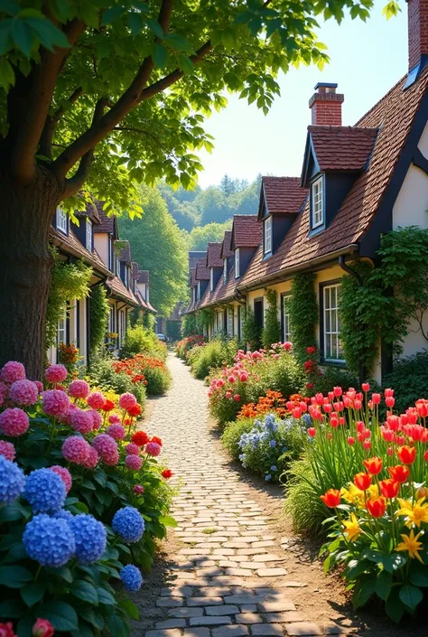 A traditional village full of roses, hydrangeas, tulips, daffodils and trees