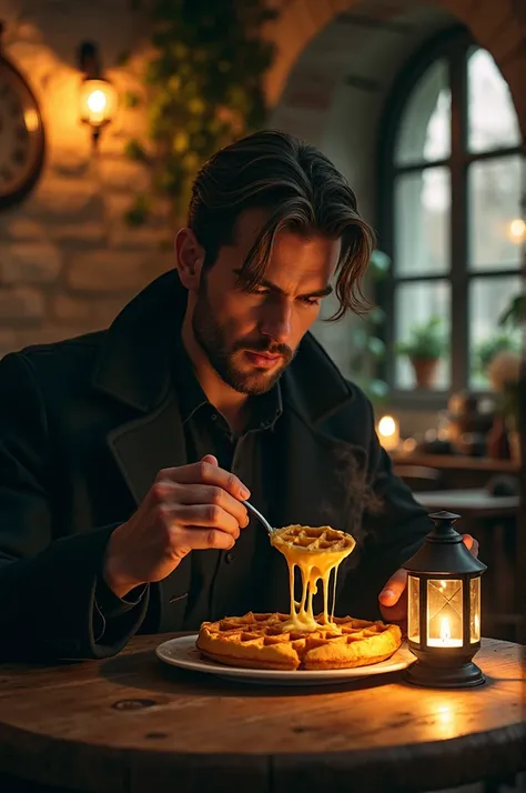 mysterious handsome person, eating cheese waffle