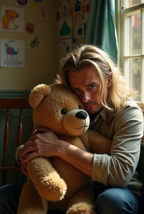 Man crying with his big teddy bear.
Man with long blond hair and blue eyes