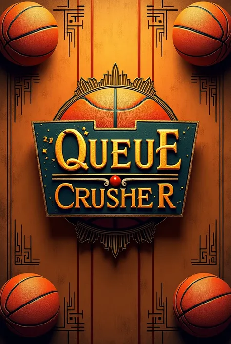 Queue Crusher logo in Egyptian font style with faded basketball background 