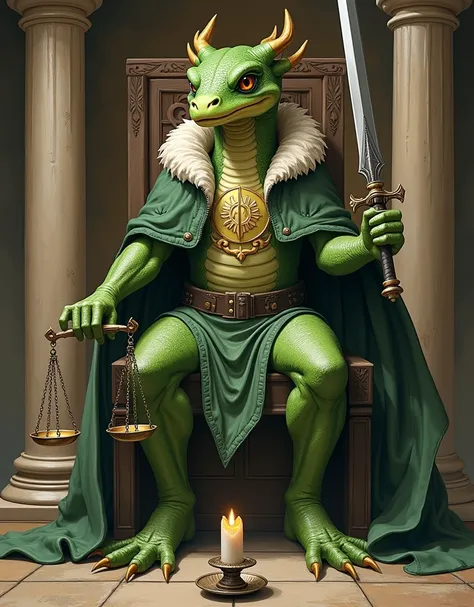 Salamander holding a sword in one hand, scales in the other, and now equipped with a large sword in another hand. Dressed in a green padded jacket with a hood and white fur trim, adorned with a symbol of balance on its chest, seated between two columns on ...