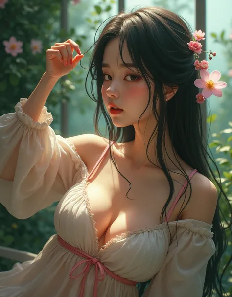 {{{{{3,318 trillion pixels high resolution, nsfw, Realistic scenery and lovely Japanese girl who is moaning madly as her nudity sexual masturbation that traces her sexual zone repeatedly with her fingers in a Cylindrical floral aquarium herbarium, thicken ...