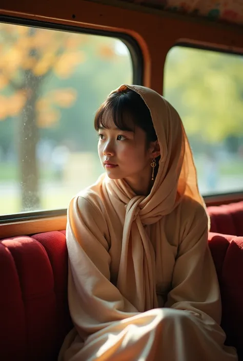 One  18 years school girl sitting at the wrong set Omni van wearing traditional dress head cover by her scarf looking at the left downside her nature is shy 