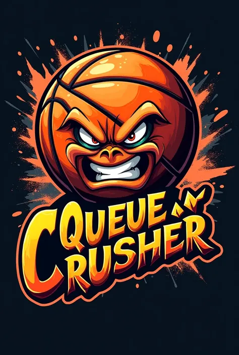 Queue Crusher logo in unique font style that written around the angry basketball