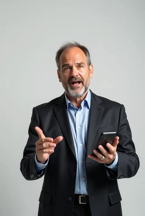 A middle-aged man with a receding hairline and a slightly smug expression, wearing a slightly wrinkled business suit and a tie. He has a confident yet somewhat awkward demeanor, holding a smartphone in one hand while gesturing with the other as if presenti...