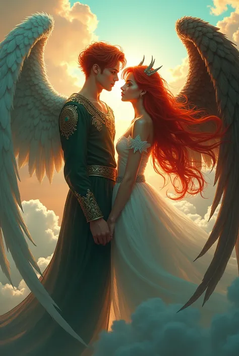 A red-haired angel with blue eyes and a handsome red-haired demon with green eyes, and they are siblings.